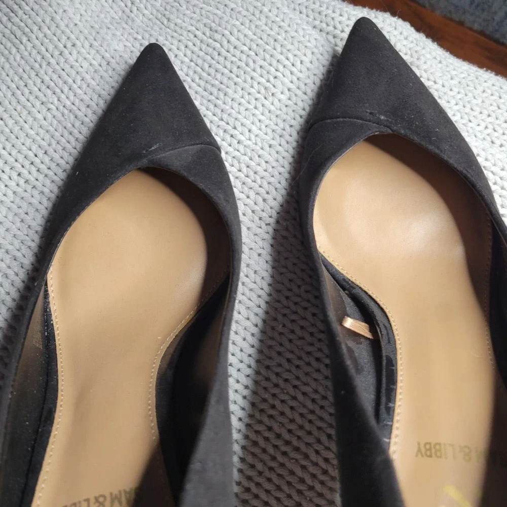 Sam & Libby Black Faux Suede Pointed Toe Flared Kitten Heel Pumps Womens 9